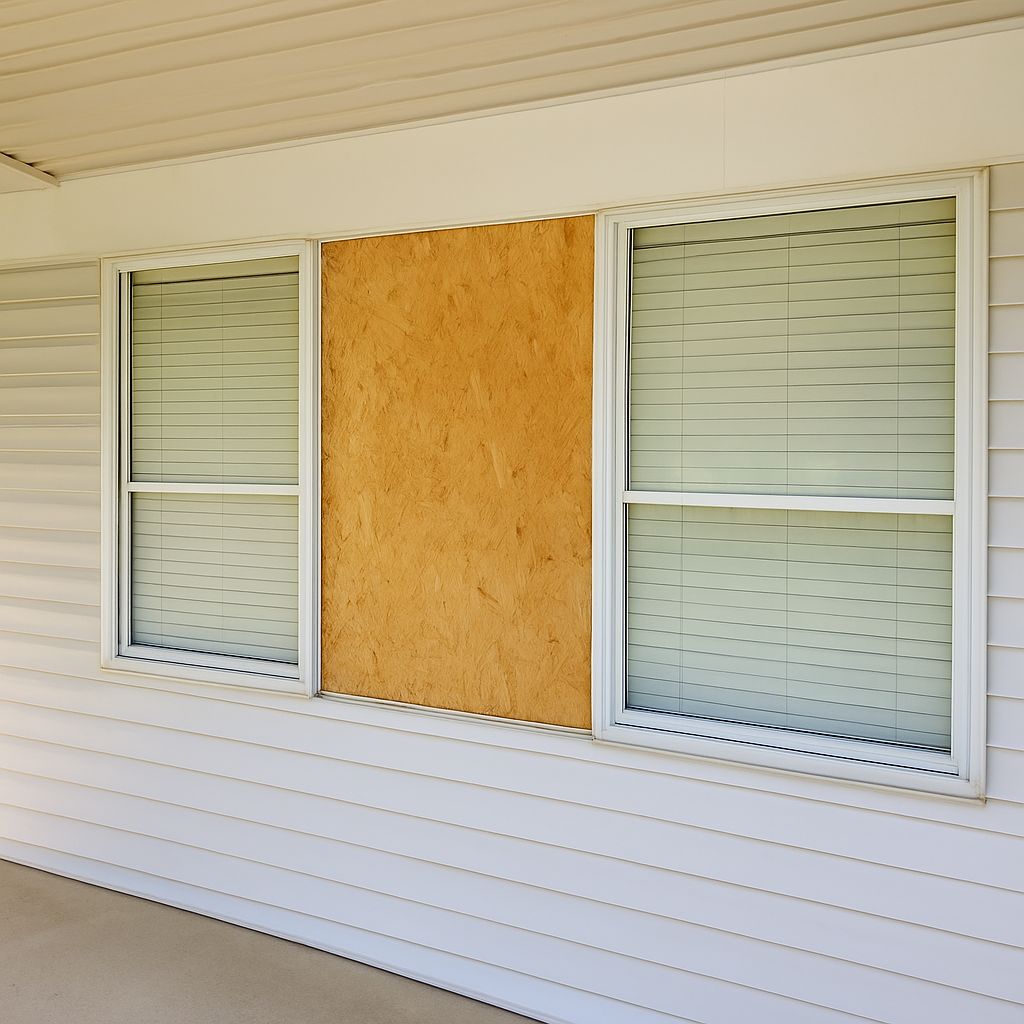 Boarded-up window between two intact windows on white vinyl siding in Washington Park FL home.