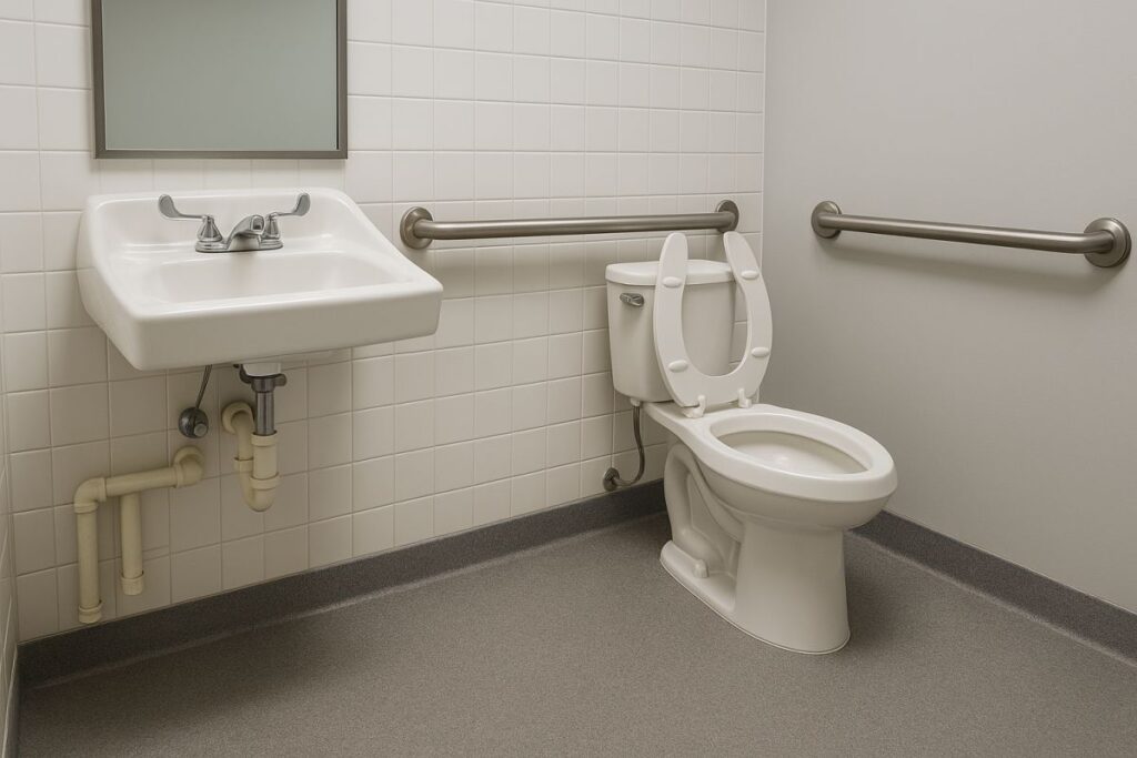 ADA-compliant commercial restroom with wall-mounted sink and grab bars in Washington Park FL.