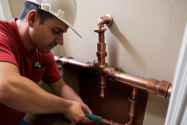 A professional plumber installing or repairing copper pipes for a plumbing system in a Lighthouse Point, FL property.