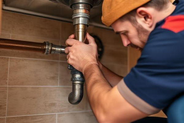 A professional plumber repairing kitchen plumbing in Sea Ranch Lakes, FL, part of Tip Top Plumbing & Restoration’s kitchen plumbing services, including drain cleaning and pipe repairs.